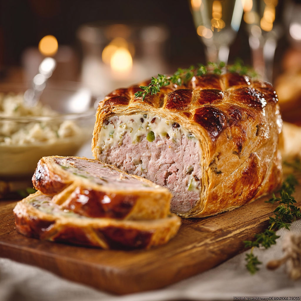 Une pâte de viande chauffée est servie sur une table avec des légumes verts.