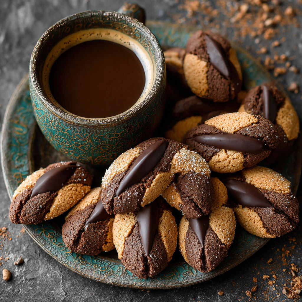 Une tasse de café et des biscuits chocolat accompagnés de graines de café.