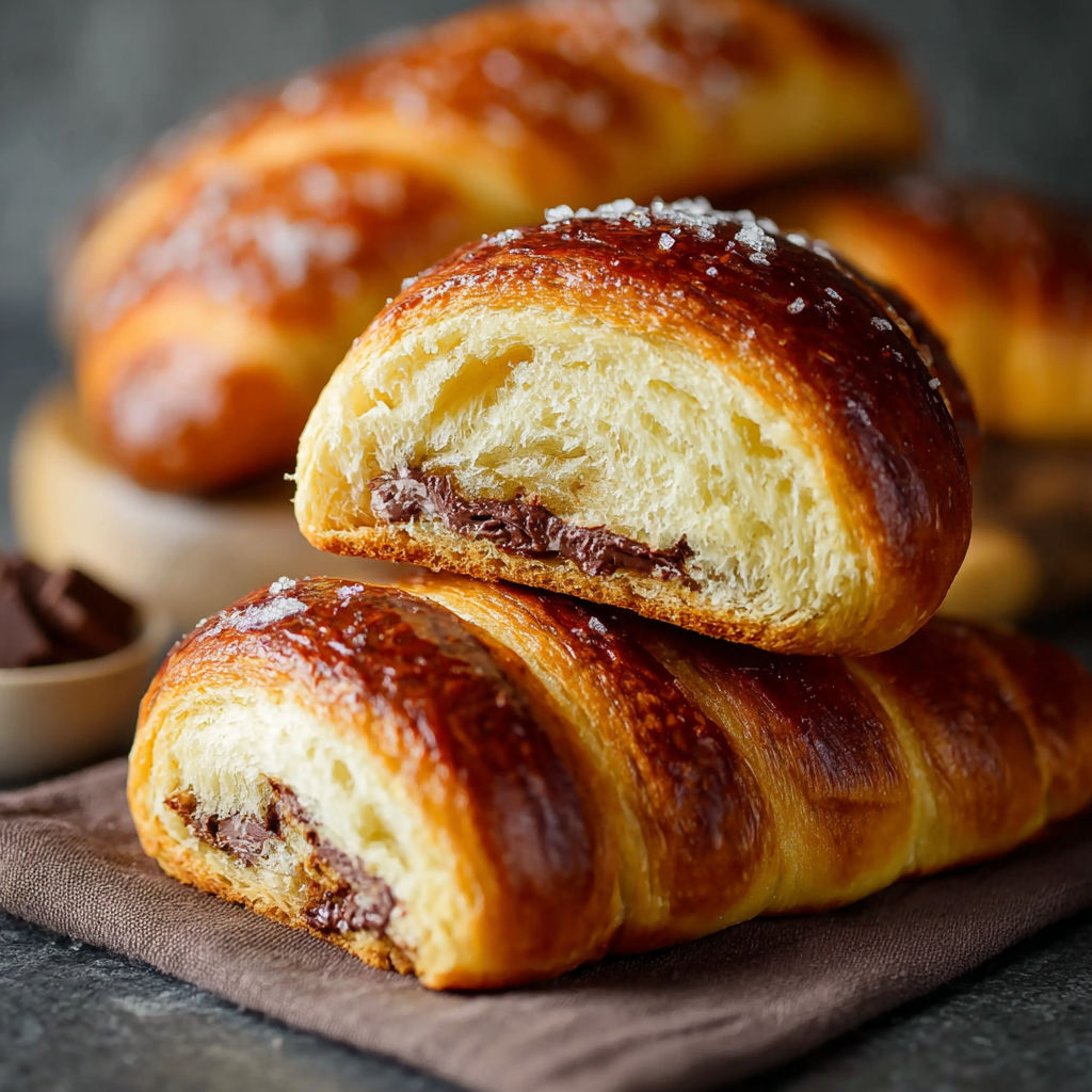 Pain viennois au chocolat, deux morceaux de pain trempé dans du chocolat fondu, sur un plateau.