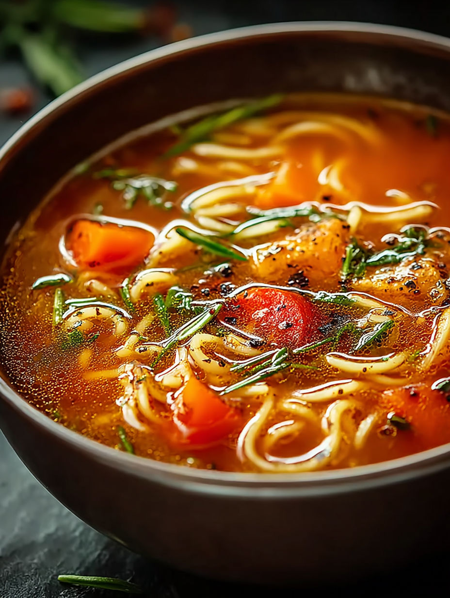 Une soupe chaude avec des nouilles et des légumes.