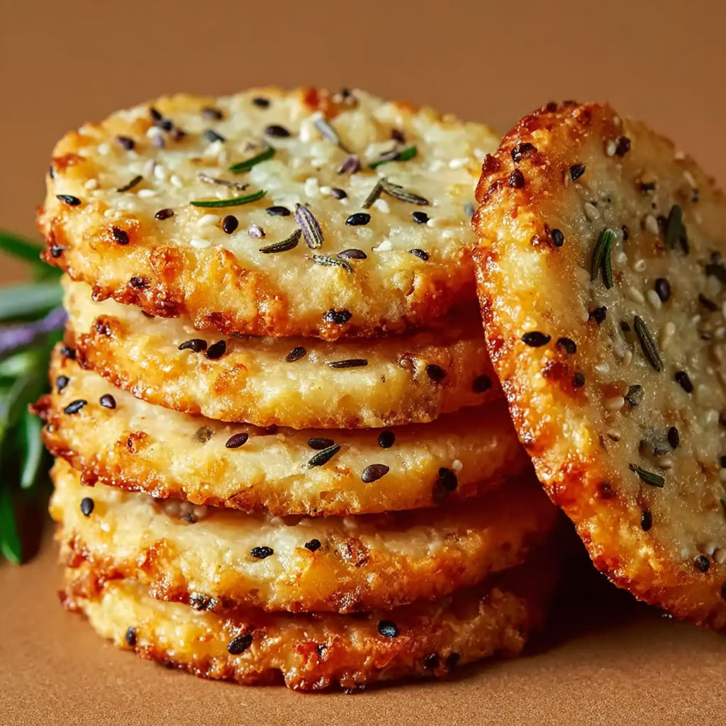 Une pile de biscuits de céréales avec des graines de cumin et des herbes séchées.