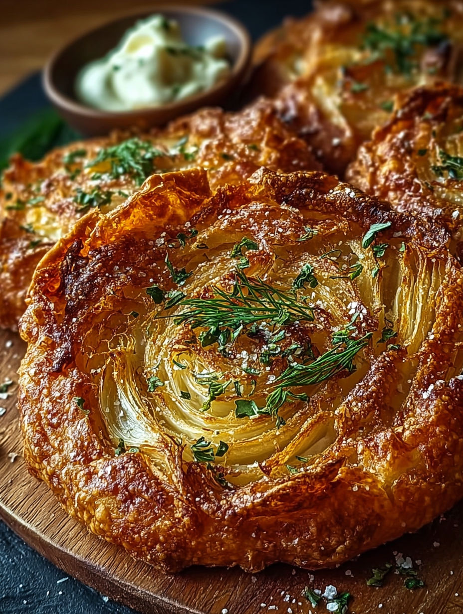 Une pâte brûlée avec des herbes et des légumes, servie sur un plateau de bois.
