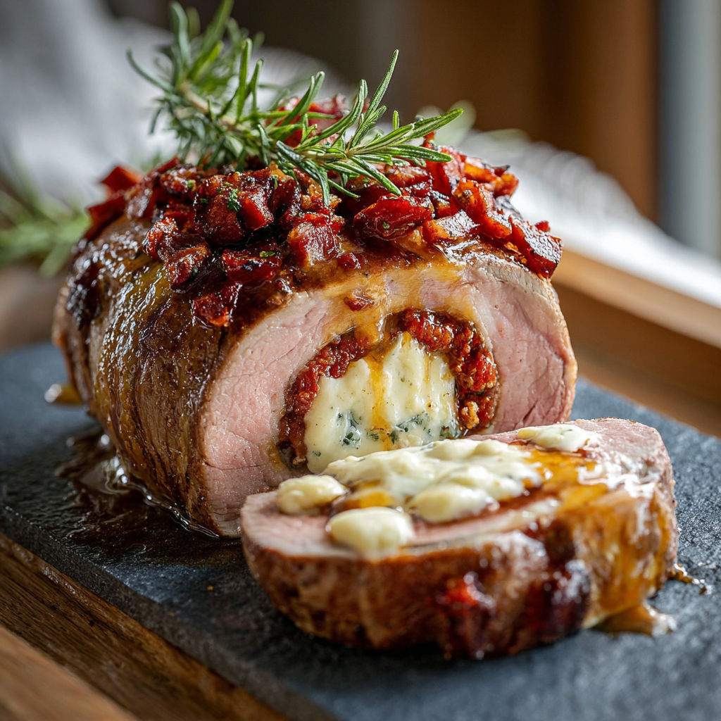 Une viande de boeuf enroulée dans du bacon et des herbes, avec une sauce au fromage et des herbes sur le dessus.