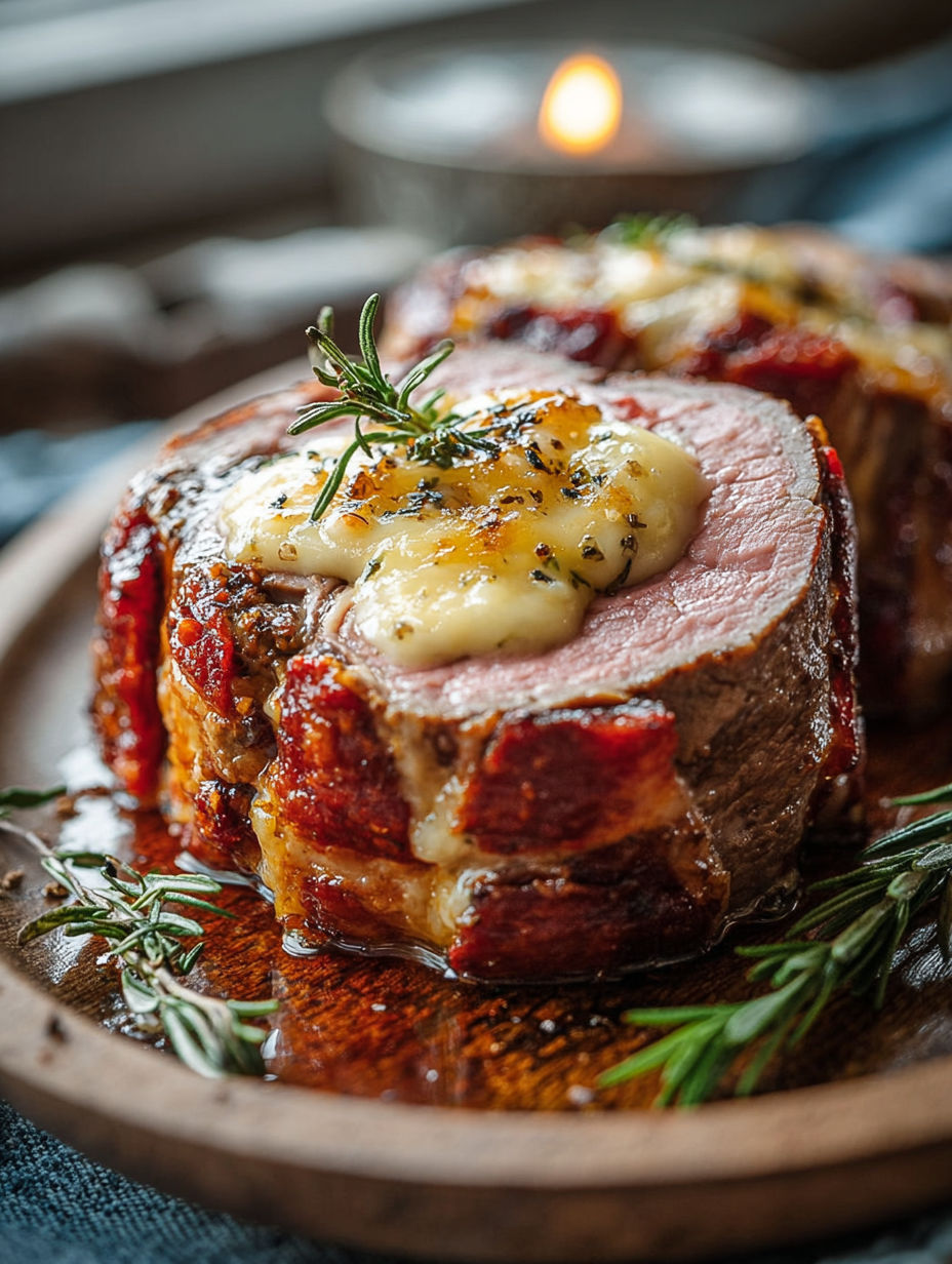 Une viande de boeuf grillée avec une sauce au fromage et des herbes.