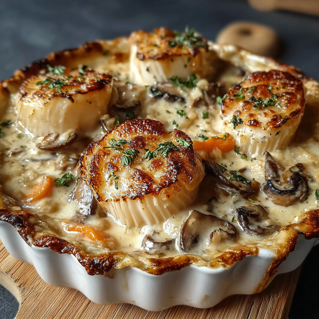 Une tarte aux pommes et champignons, avec des pommes et des champignons cuits dans une sauce crémeuse, est servie dans un bol en verre.