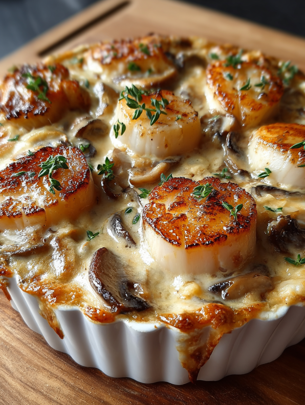 Une tarte aux moules et aux champignons, avec des herbes fraîches pour garnir.