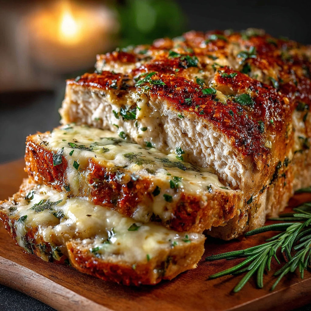 Une tranche de pain de viande avec des herbes et du parmesan, prête à être servie.