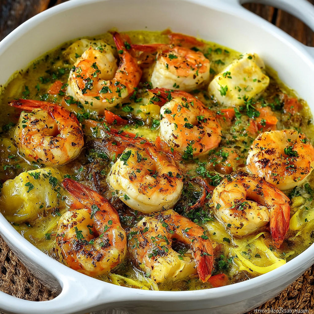 Un plat de Ragout de Cabillaud et Crevettes, avec des moules et des épinards, est servie sur une table.