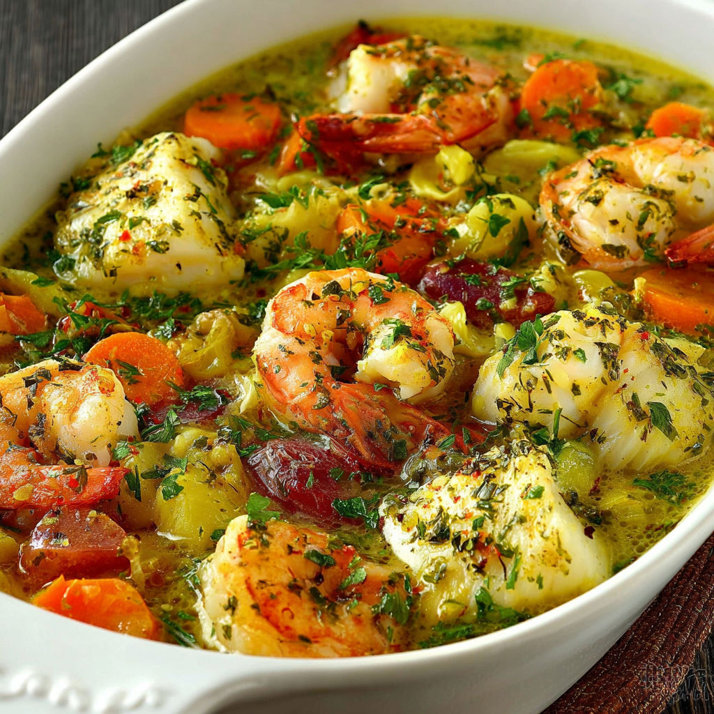 Plate of seafood with a variety of vegetables and herbs, including carrots, onions, and parsley.