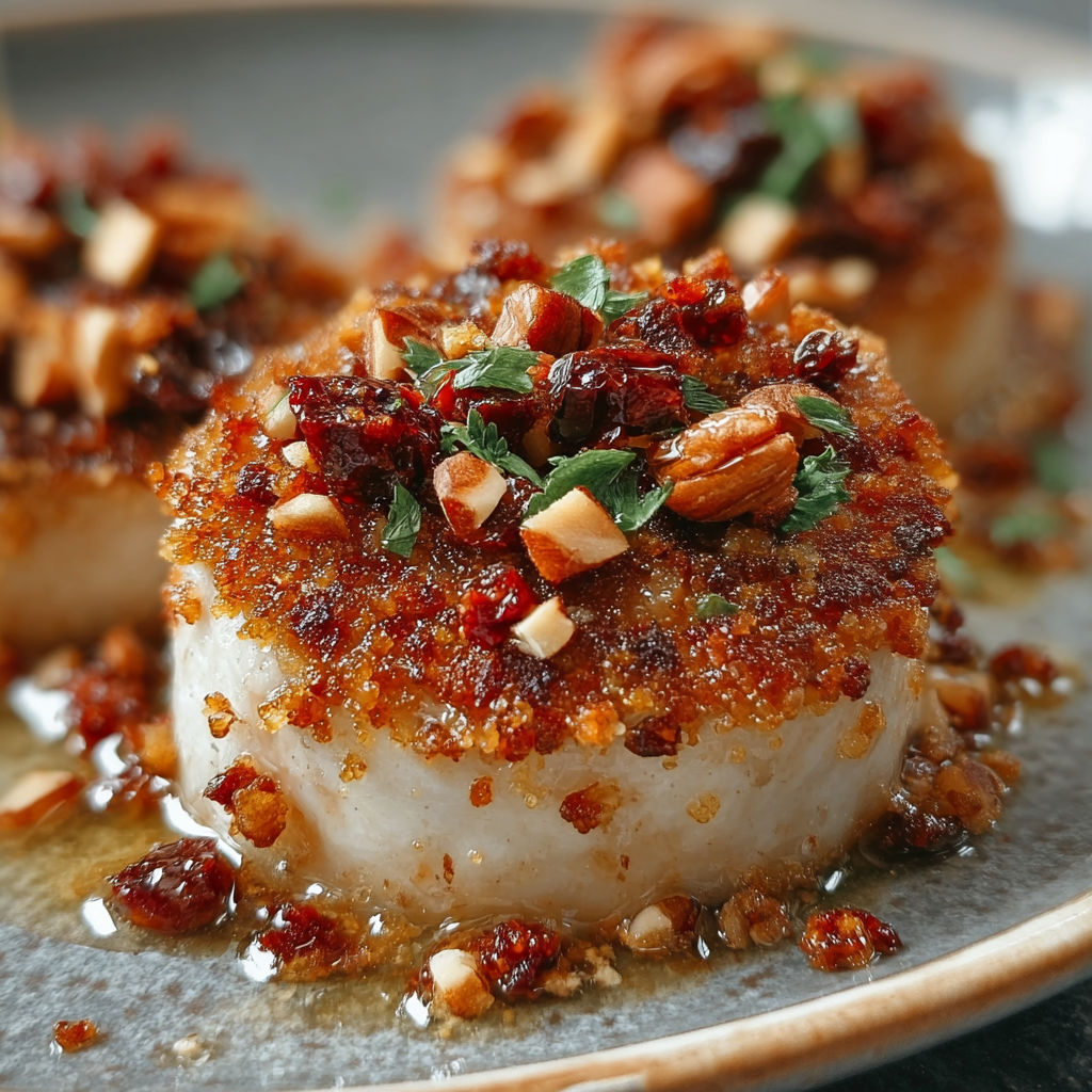 Médaillons de Boudin Blanc avec Crumble Chorizo et Noisettes.