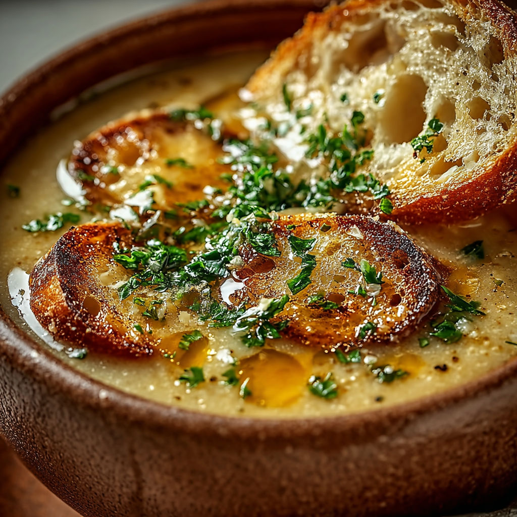 Une soupe à l'ail classique à la française, accompagnée de tranches de pain grillé et de herbes fraîches, est servie dans un bol en terre.