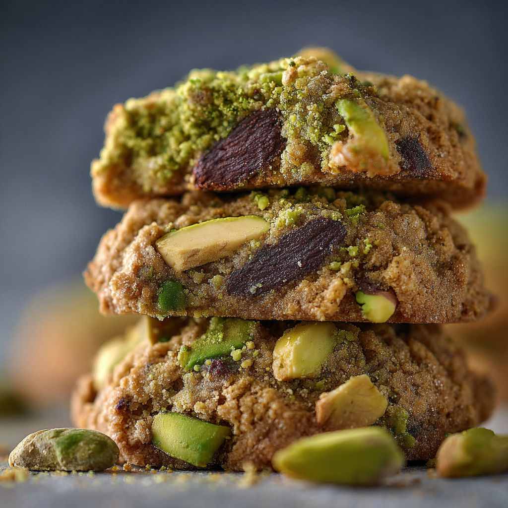 Une pile de biscuits au pistache et au noisette, avec des amandes et des abricots, est servie sur une table.