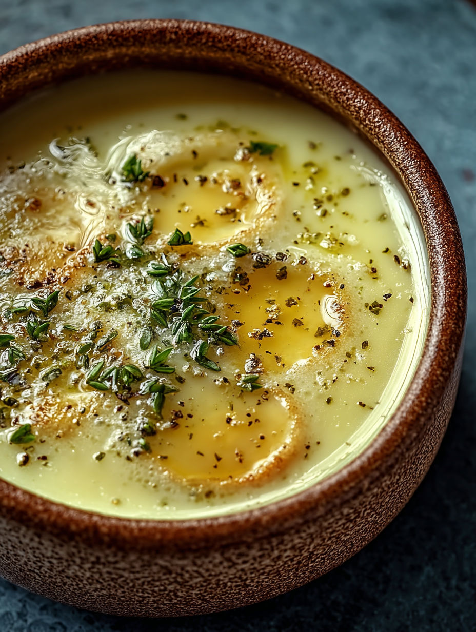 Une soupe chaude avec des herbes et des noix de cacahuète.