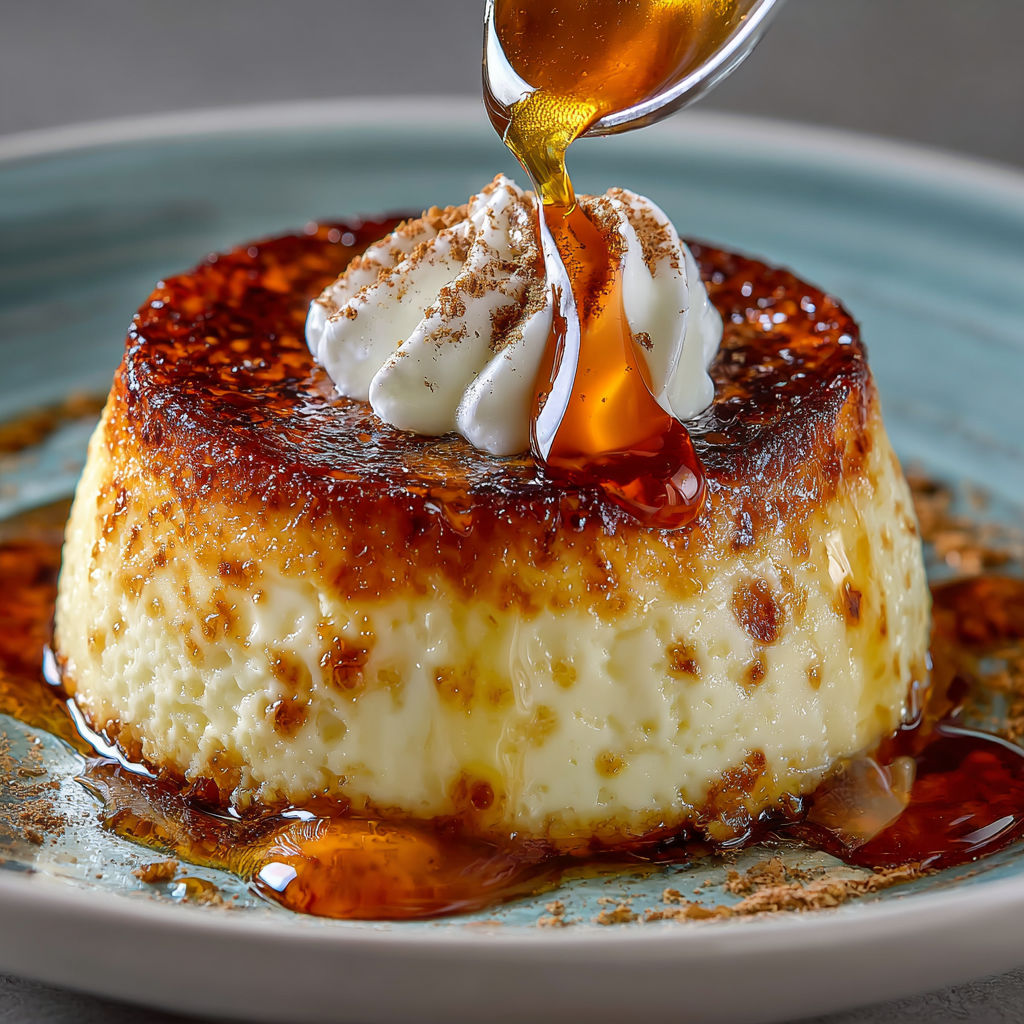 Une tarte aux œufs au lait est servie sur un plateau avec une sauce caramélisée.