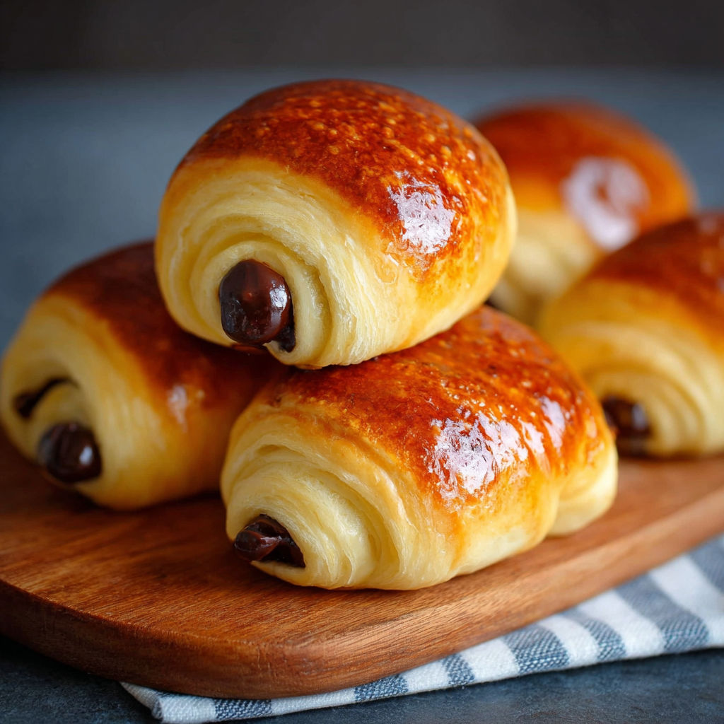 Une pile de croissants au chocolat sur une planche de bois.