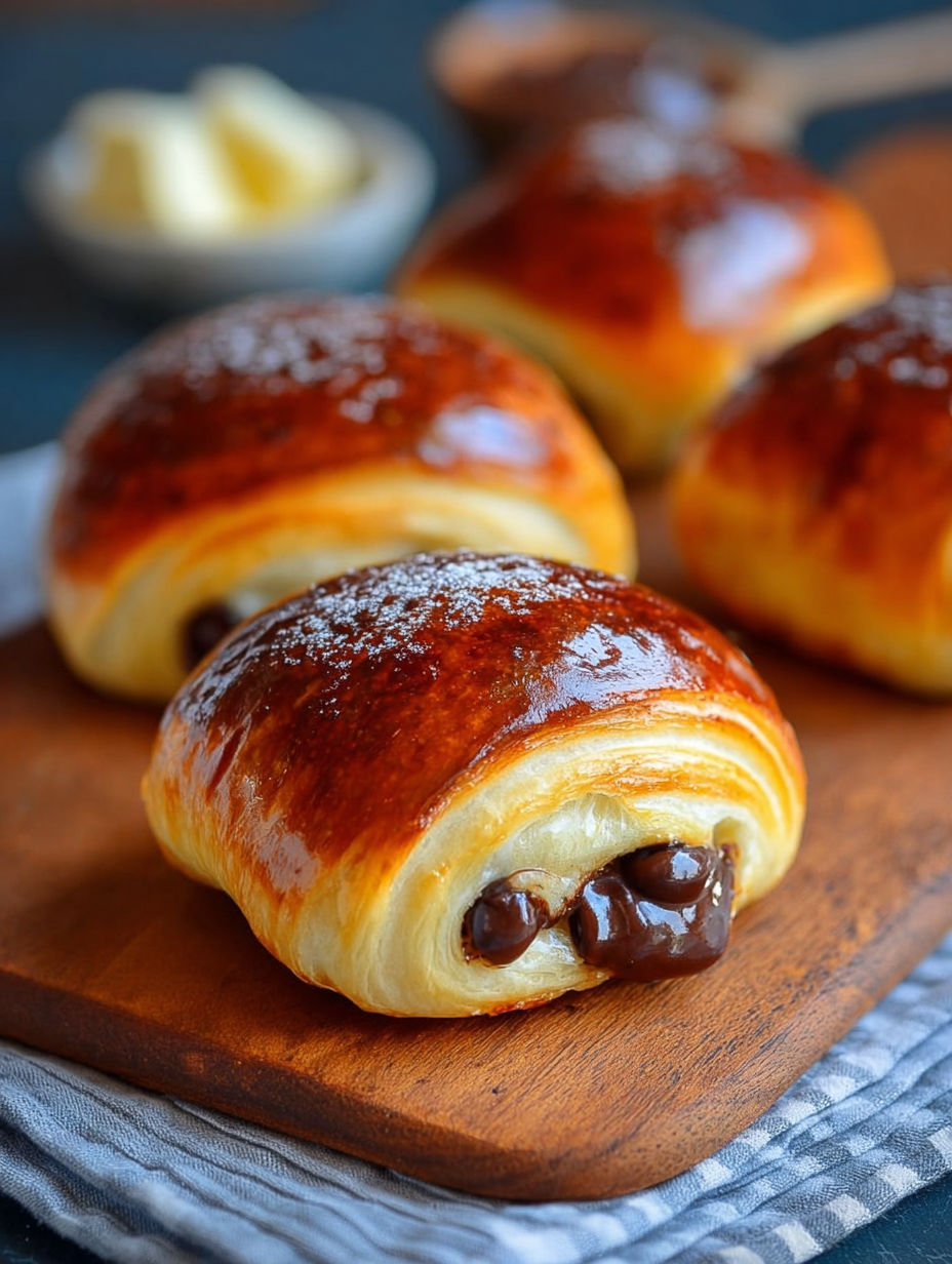 Une douzaine de croissants au chocolat, avec des pâtes brunes et des fruits, sur un plateau de bois.