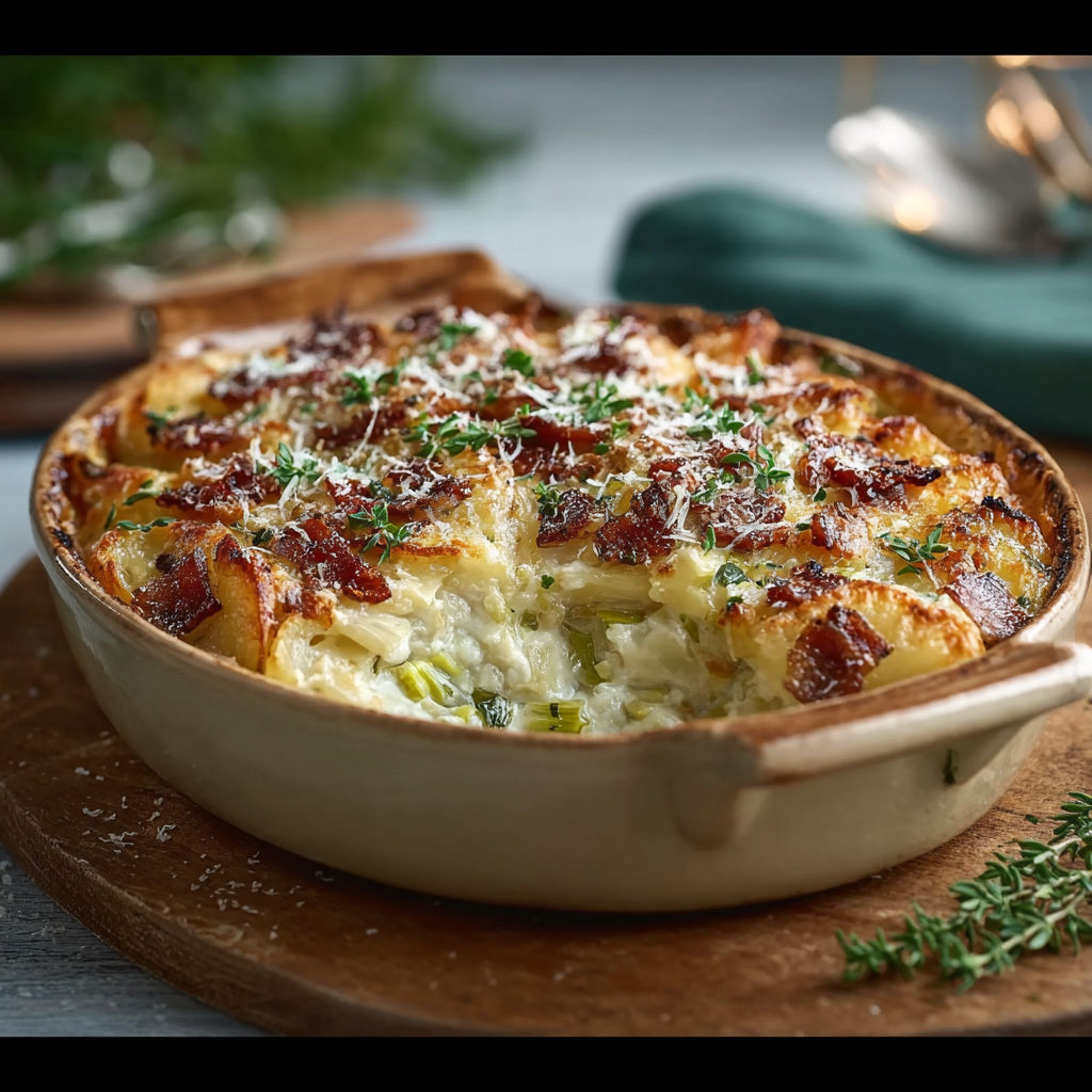 Une recette gourmande et facile à préparer, la Croziflette poireaux, est servie dans un bol en terre.