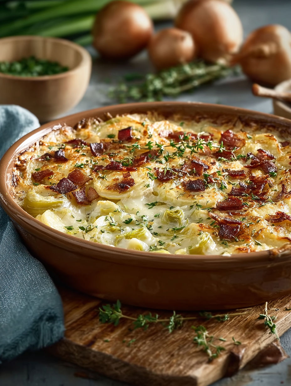 Une recette gourmande et facile à préparer, la croziflette poireaux, est servie dans un bol en céramique.