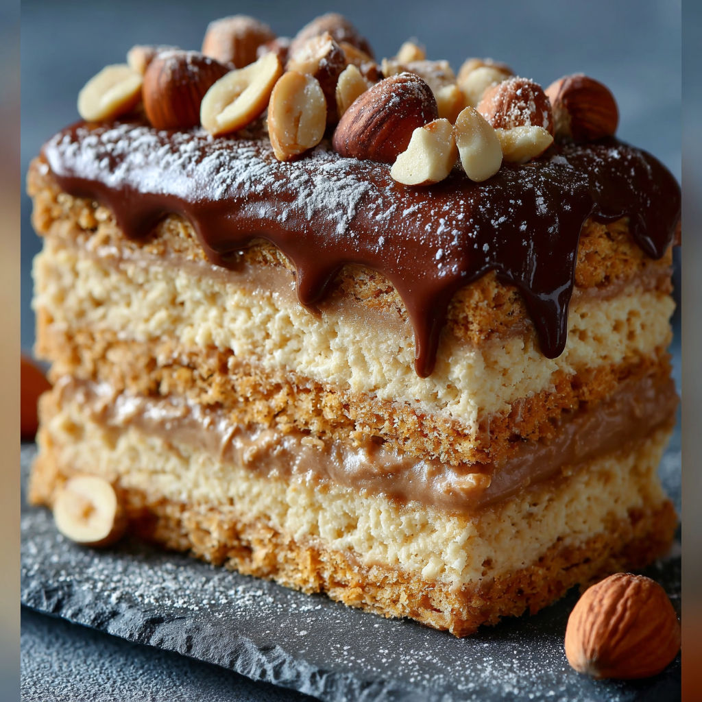 Une tarte aux noix et au chocolat, garnie de noix et de graines de cacao, est servie sur un plateau.