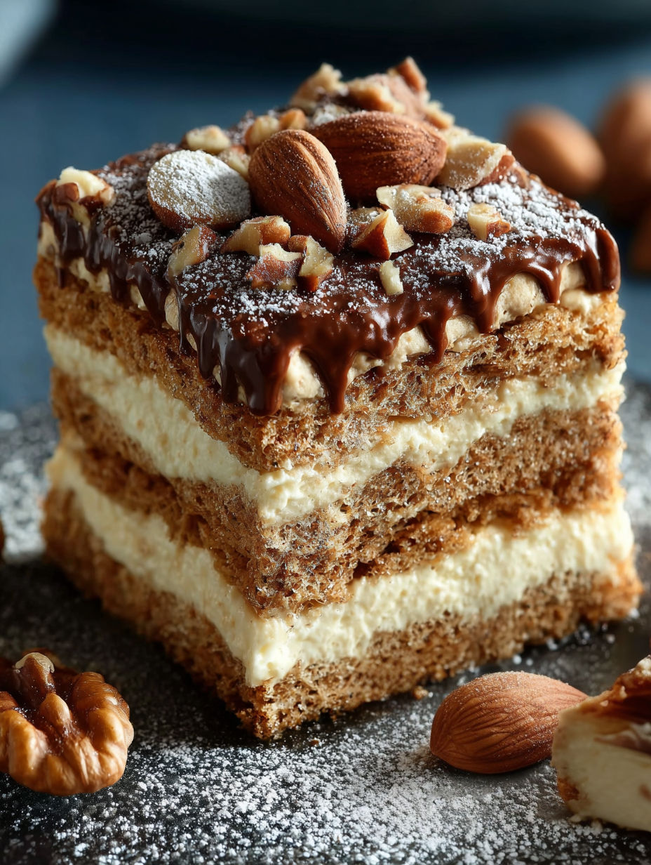 Une tarte aux noix et au chocolat, garnie de noix et de graines de cacao, est servie sur un plateau.