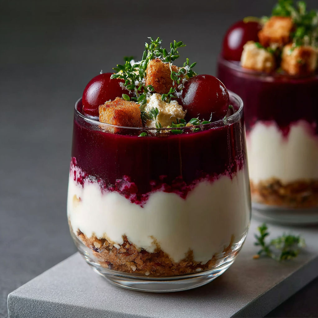 Une tarte aux cerises et au yaourt, garnie de herbes et de croutons, est servie dans un verre transparent.