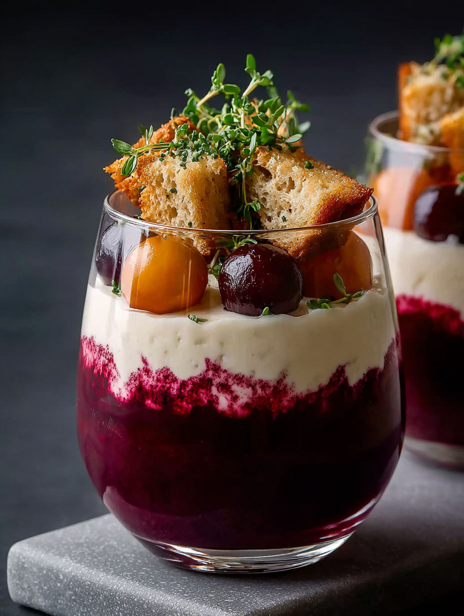 Une tarte aux fruits et au yaourt est servie dans un verre.