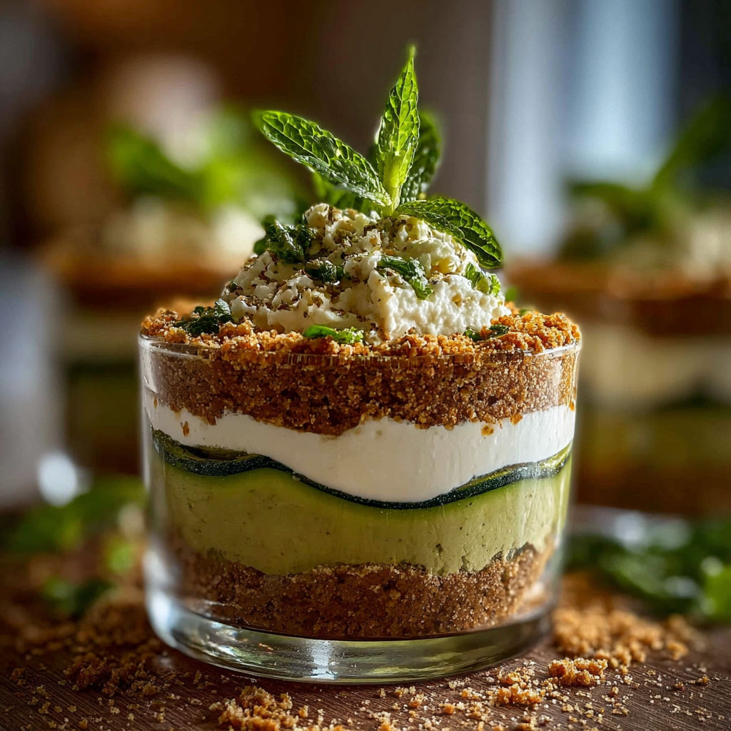 Une tarte salée aux courgettes et au feta, garnie de menthe et de basilic, est servie dans un verre.