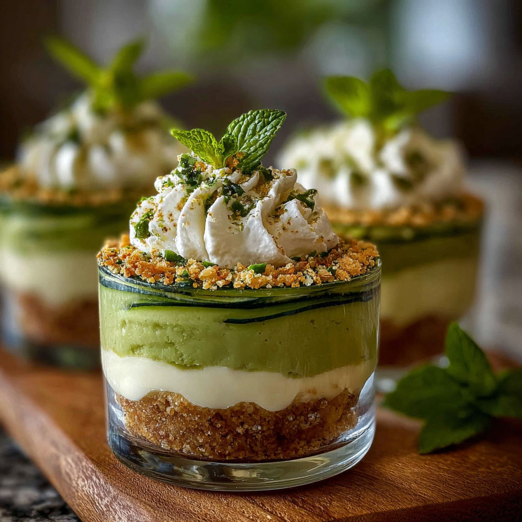 Une tarte aux cucumbers et à la crème, garnie de menthe, est servie dans un verre.