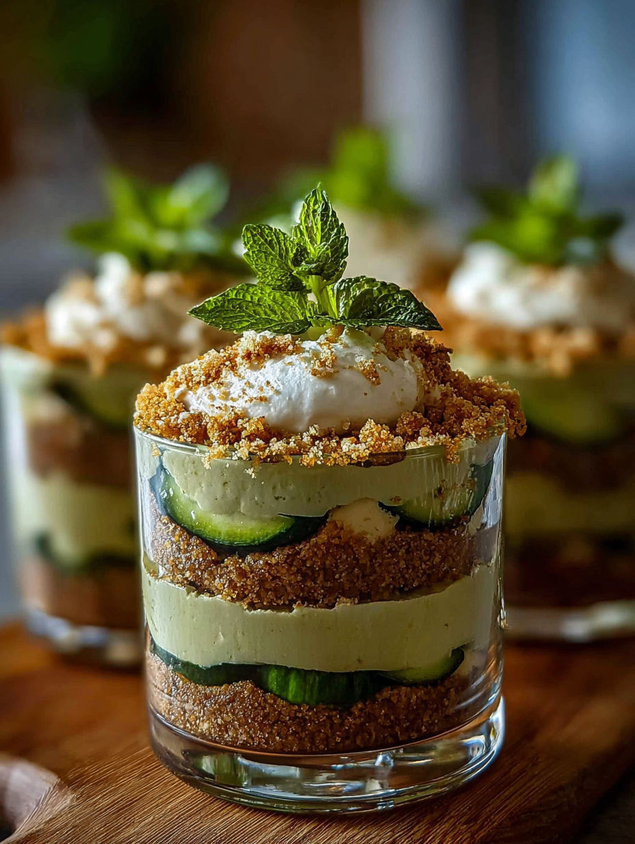 Une tarte aux cucumbers et au fromage, avec une garniture de menthe, est servie dans un verre.