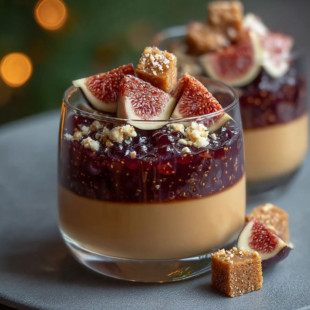 Une tarte aux figues et au chocolat, garnie de fruits secs et de croutons de chocolat, est servie dans un verre.