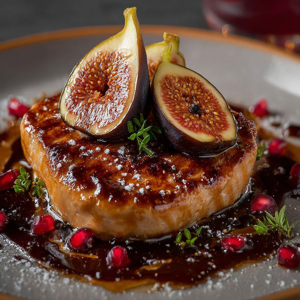 Foie gras poêlé aux figues, une recette de cuisine française, est servie sur un plateau avec des fruits et des épices.