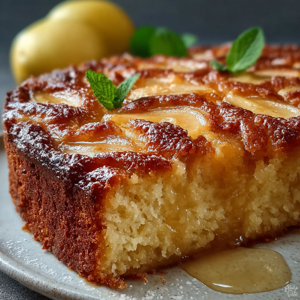 Une portion de gâteau aux pommes fondantes, avec des pommes et des herbes sur le dessus.