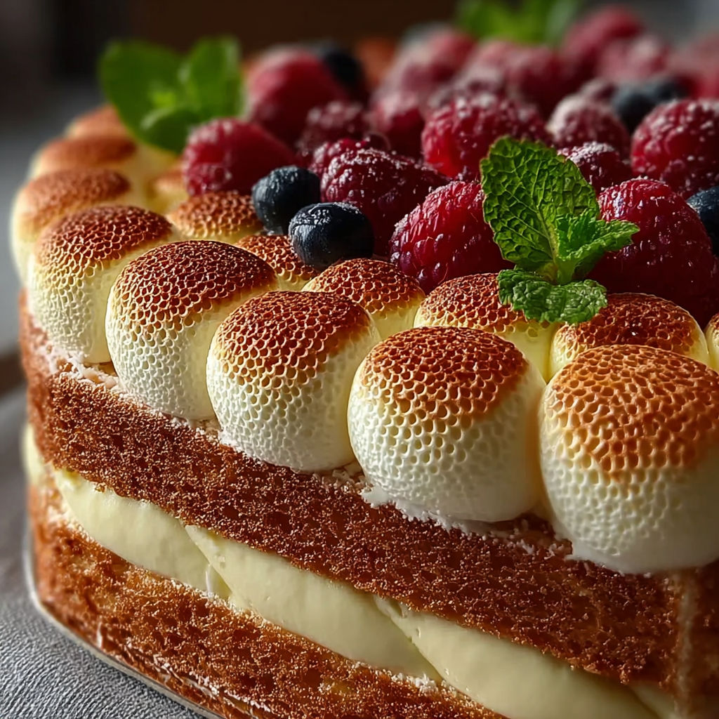 Une tarte aux fruits rouges et blanches, garnie de mousse au chocolat, est servie sur un plateau.