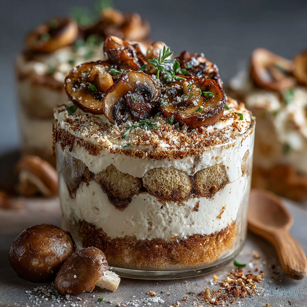 Une tarte salée aux champignons, parmesan et croquant, est servie dans un verre.