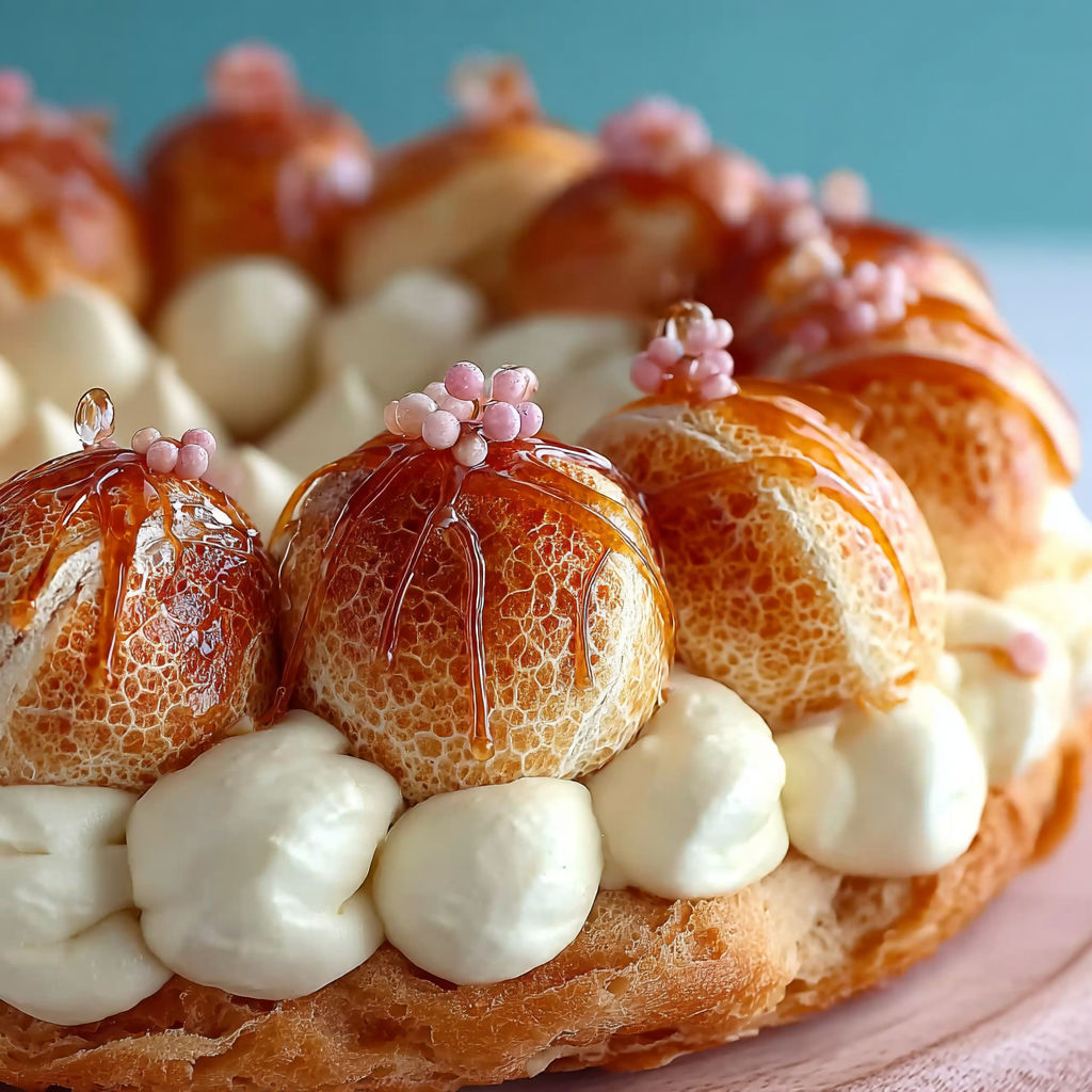 Une tarte Saint Honoré délicieuse, ornée de cerises et de pâte sucrée, est servie sur un plateau.