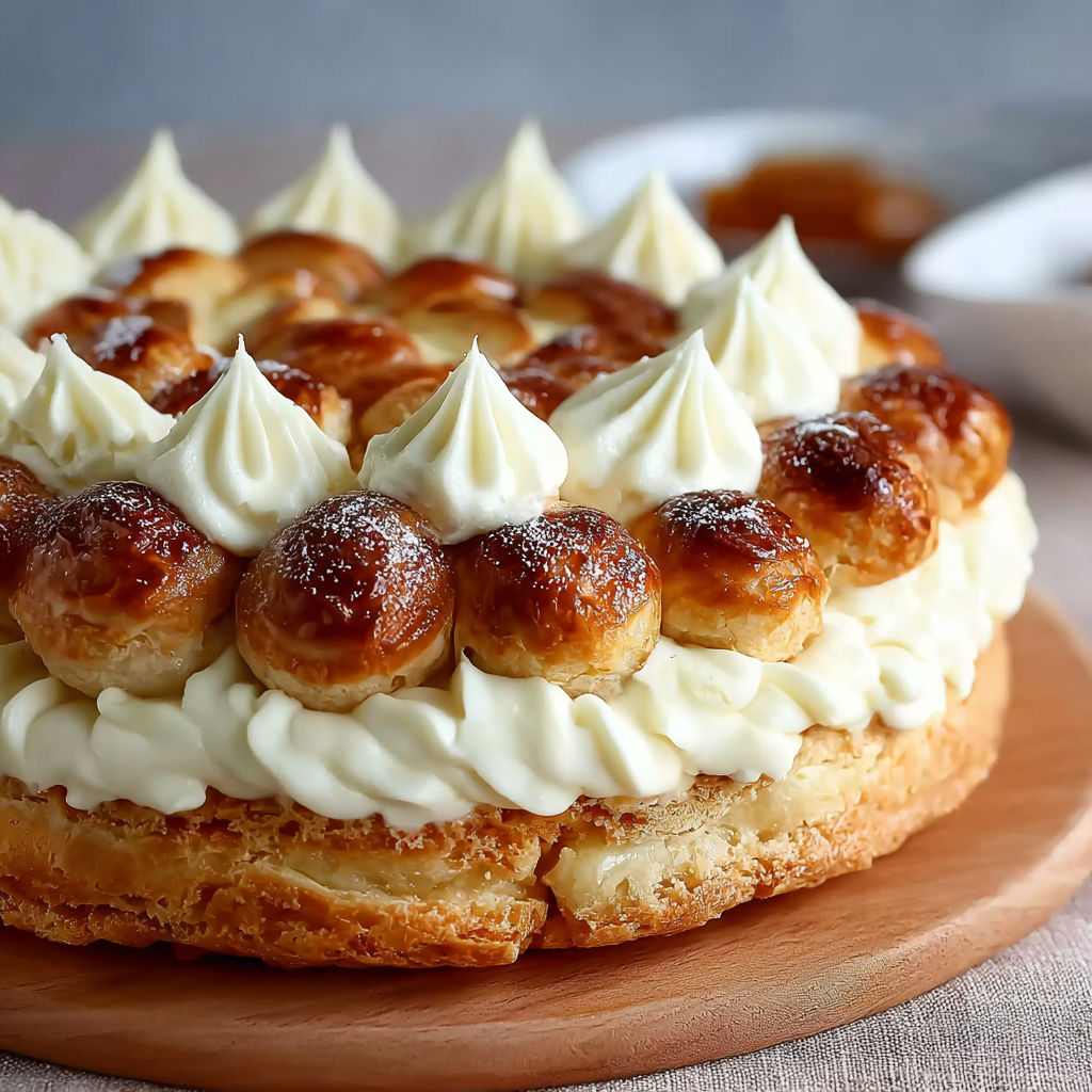 Une tarte aux pommes et crème fraîche, délicieusement garnie de crêpes suzette, est servie sur un plateau en bois.