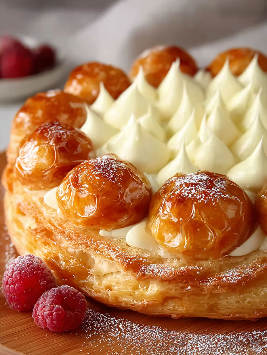 Une tarte aux fruits et crème chantilly, garnie de fruits rouges, est servie sur un plateau.