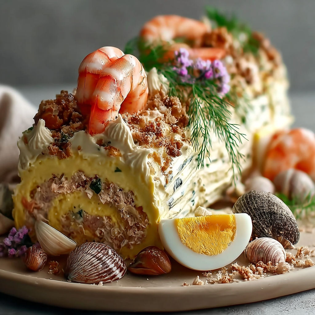 Une bûche salée aux saveurs de la mer, composée de fruits de mer, de crustacés et de légumes, est servie sur un plateau.