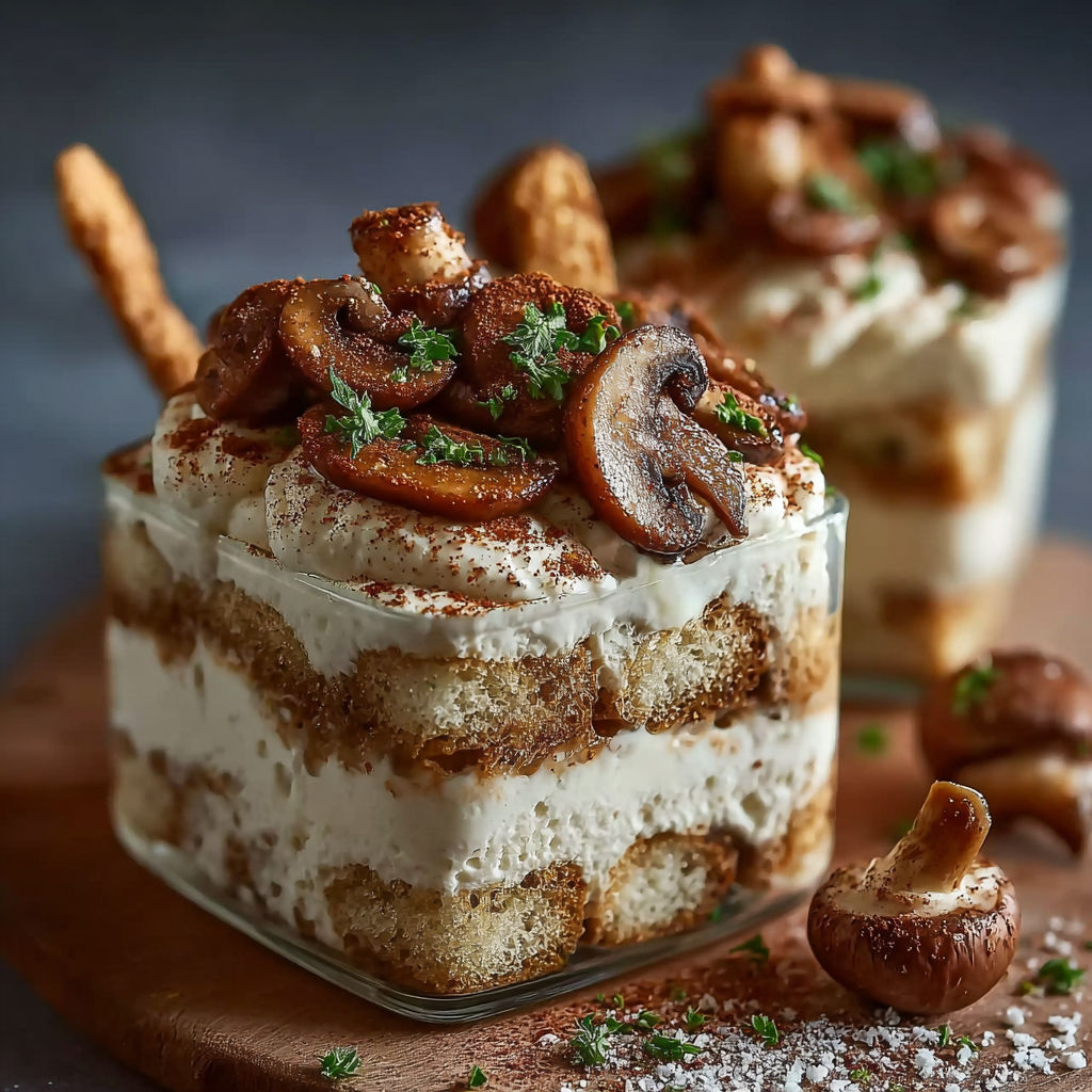 Une tarte aux fruits de mer et crème, garnie de mushrooms et de herbes, est servie dans un verre.