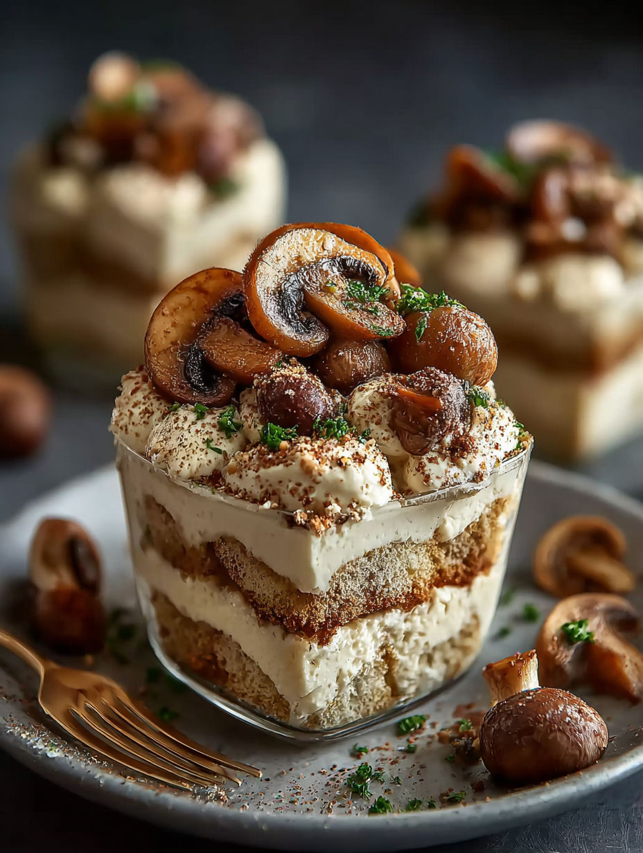 Une tarte aux fruits de mer et au chocolat, garnie de mushrooms et de cacahuètes, est servie dans un verre.