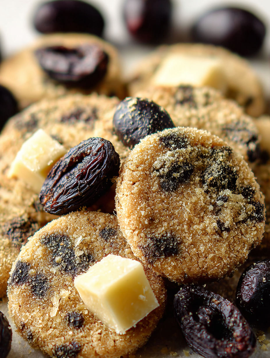 Une recette de biscuits aux noix et raisins, avec des morceaux de chocolat et des graines de café.