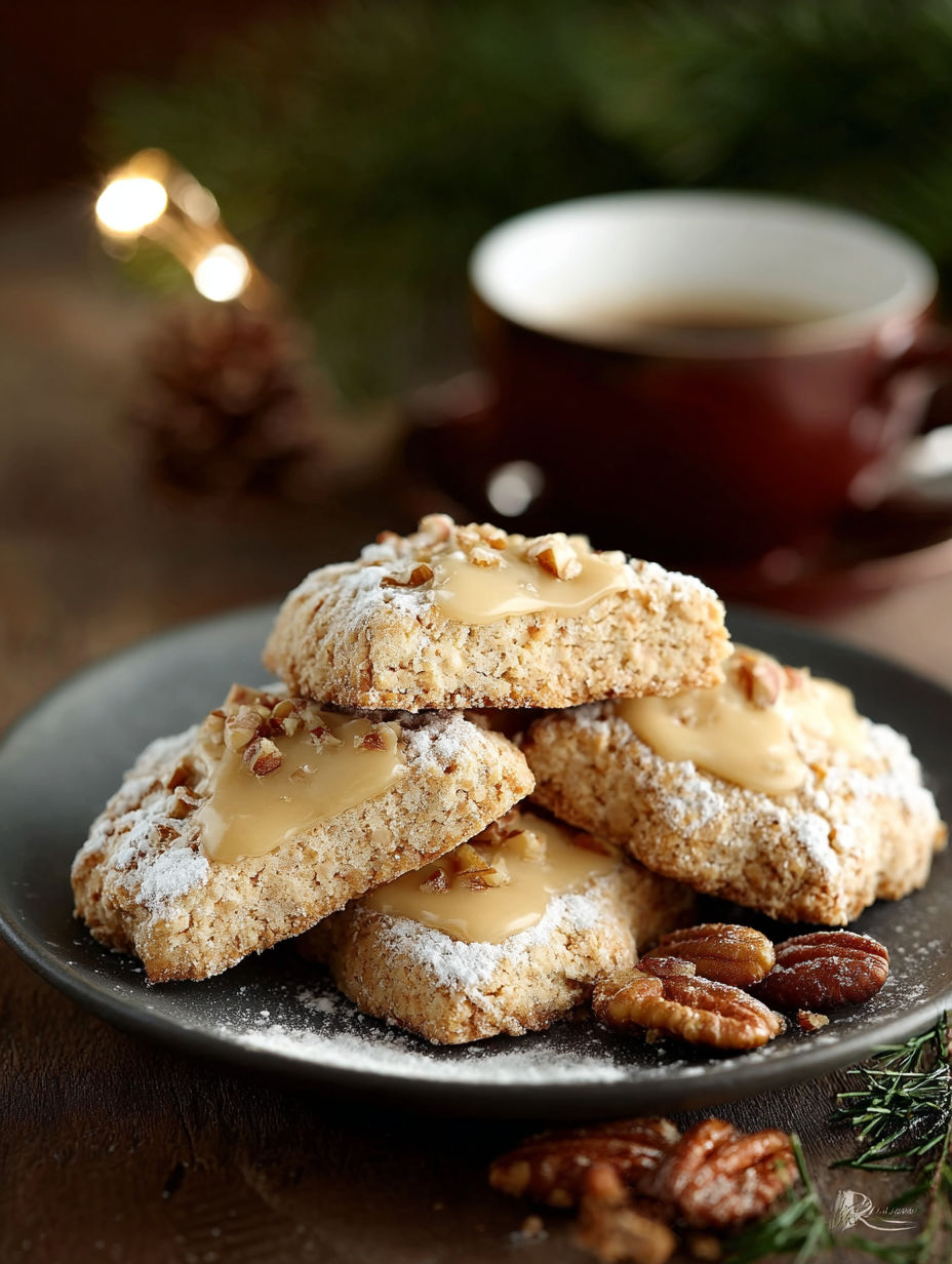 Une pile de biscuits d'amandes recouverts de sucre et de noix de cajou.