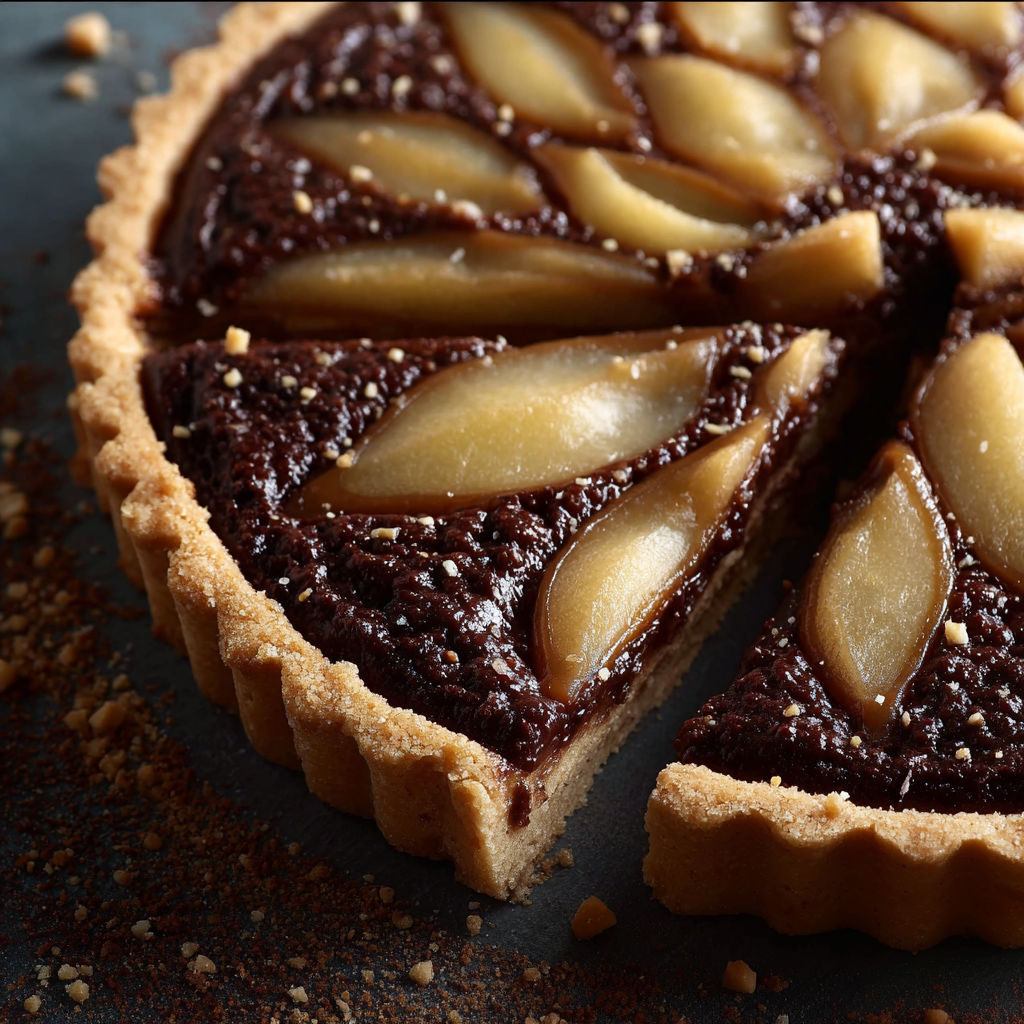 Une tarte aux pommes et chocolat, avec des pépins de pommes et des noix, est servie sur une table.