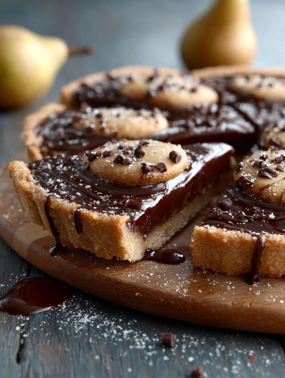 Une tarte aux pommes chocolat avec des croutons de chocolat sur le dessus.