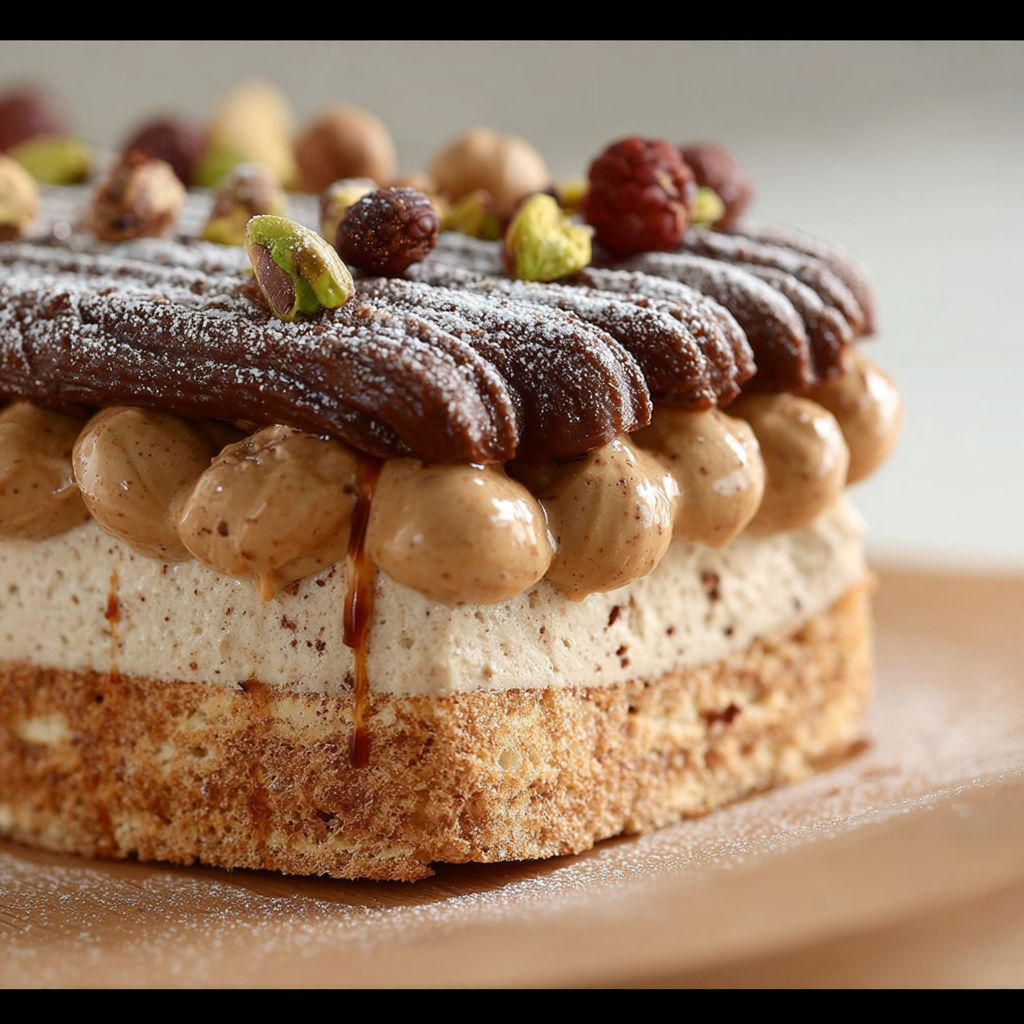 Une tarte aux noix et aux raisins, garnie de noix et de chocolat, est servie sur un plateau.