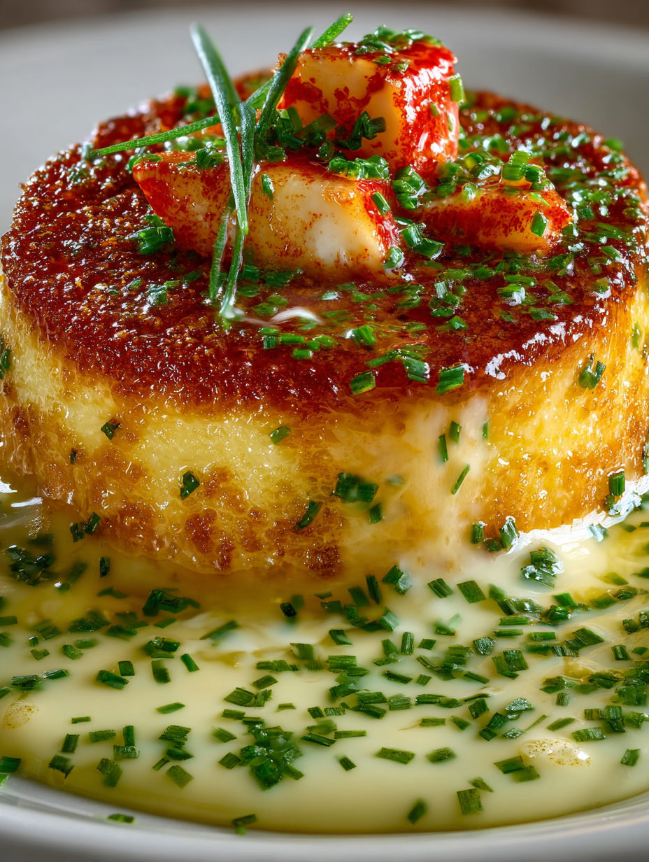 Une tarte aux crevettes et herbes, avec une sauce au beurre et à la crème, est servie sur un plateau.