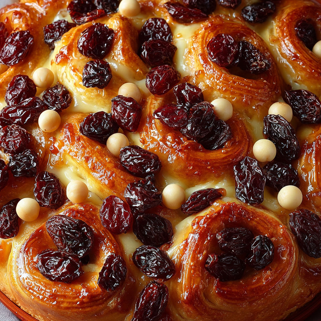 Une tarte aux raisins secs et à la crème pâtissière, garnie de noix, est servie sur un plateau.