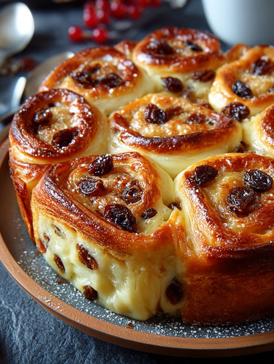 Une tarte aux raisins et aux croissants, avec une pâte sucrée et des raisins, est servie sur un plateau.