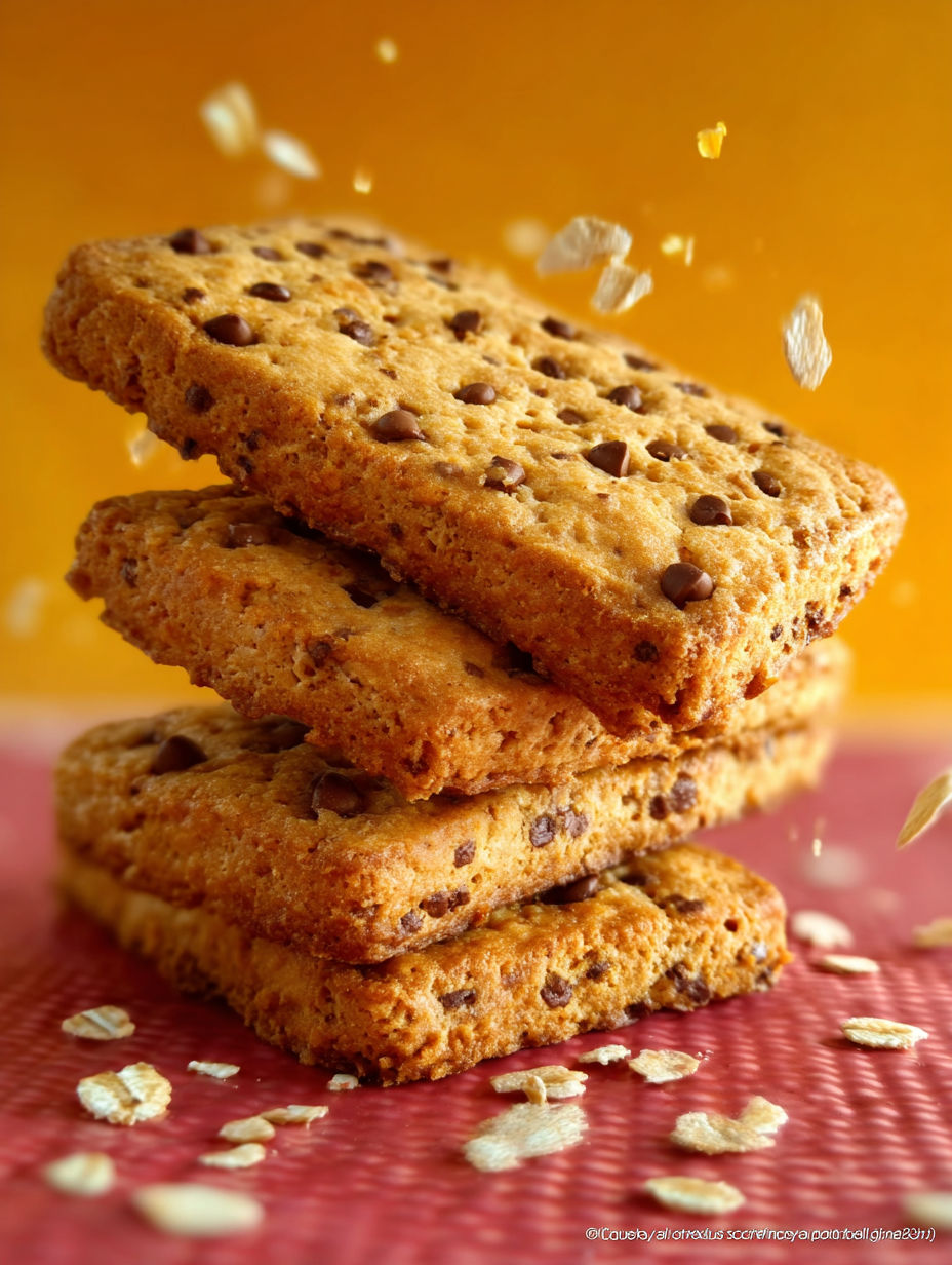 Une pile de biscuits chocolat avec des grains de céréales sur le dessus.