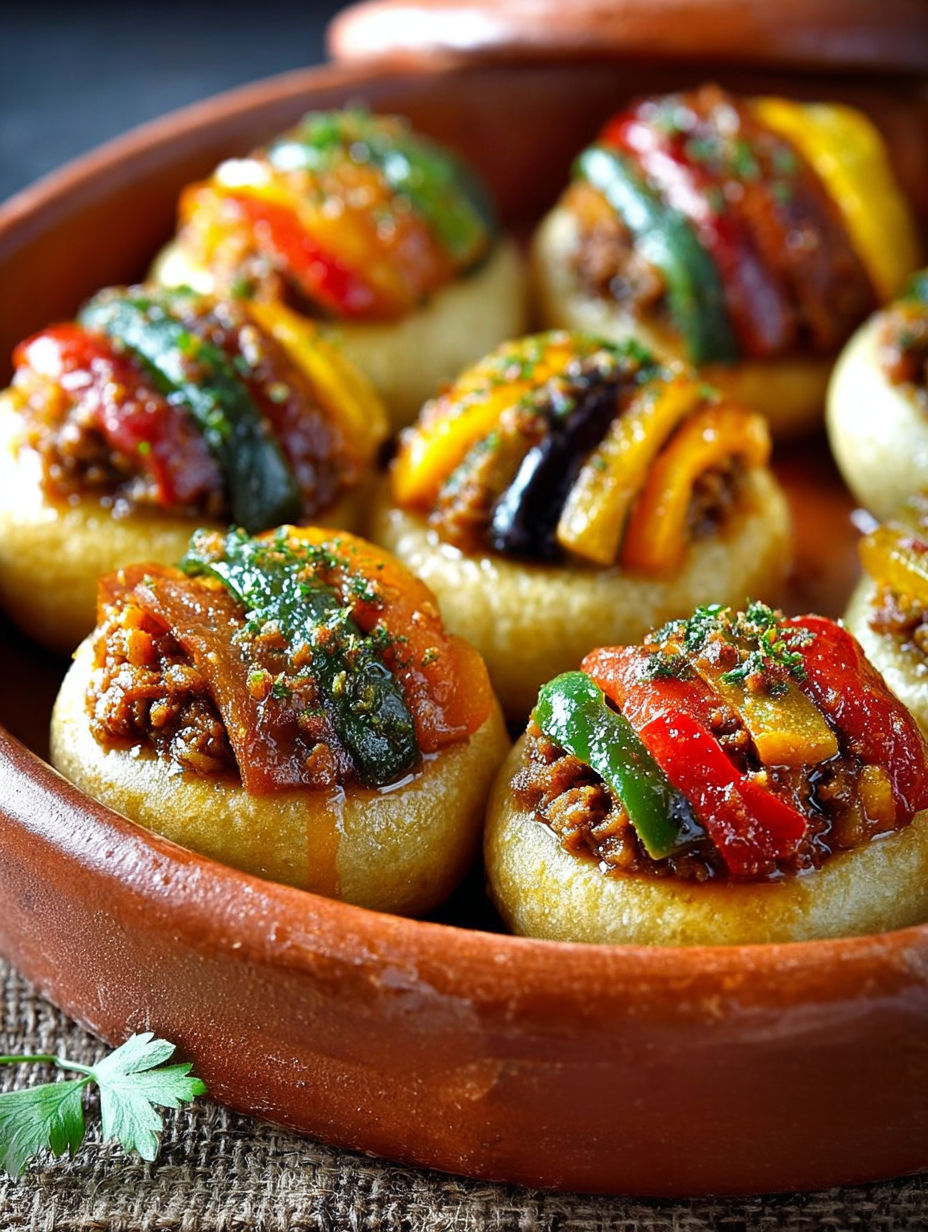 Un bouquet de mini pizzas colorés, avec des légumes tels que des tomates, des poivrons et des oignons, est présenté dans un bol.